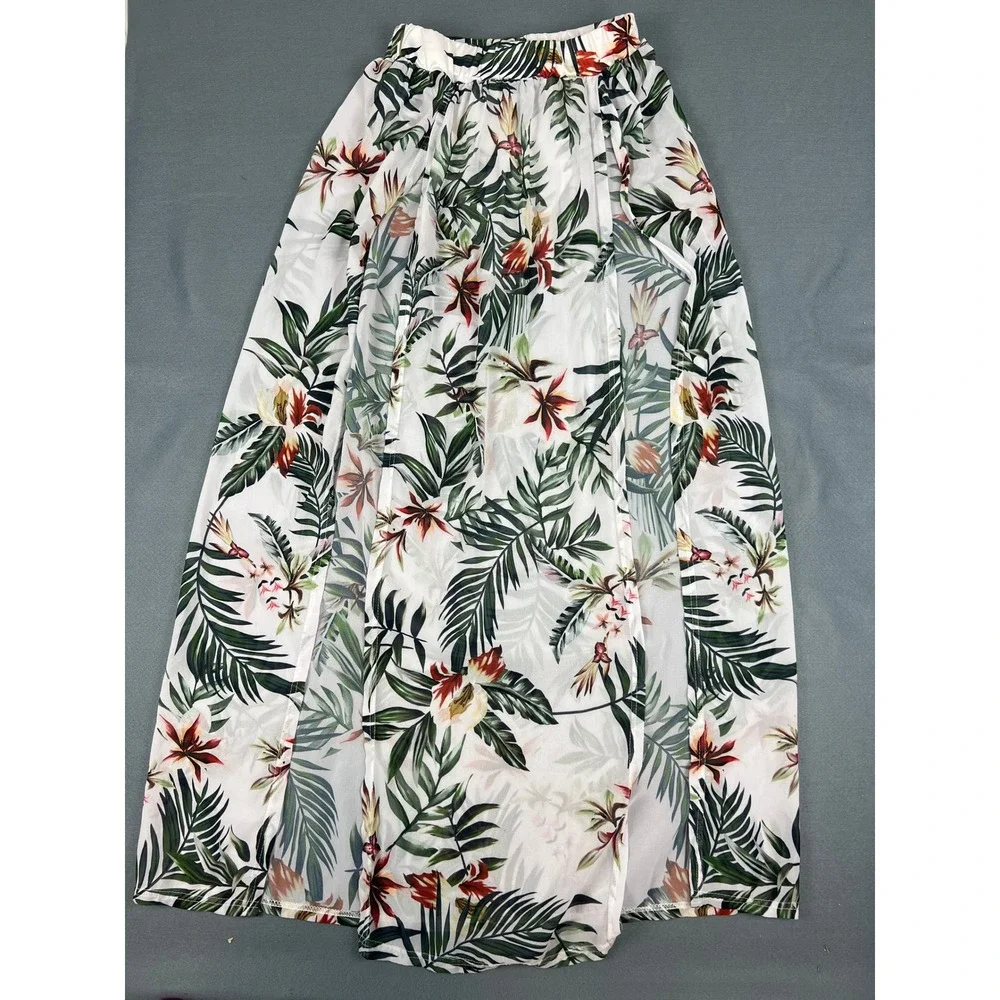 Tropical Floral Maxi Skirt Swim Bottom & Cover Up Boho‎ Beach Vacation White XS